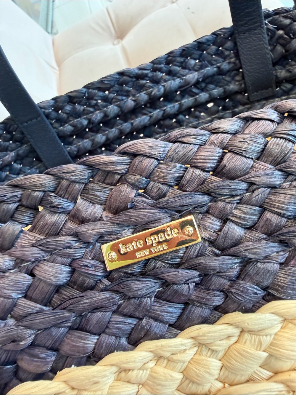 Sold Out Kate Spade Navy Natural & Orange Script “Out & About” Straw Stripe Tote - Picture 2 of 10